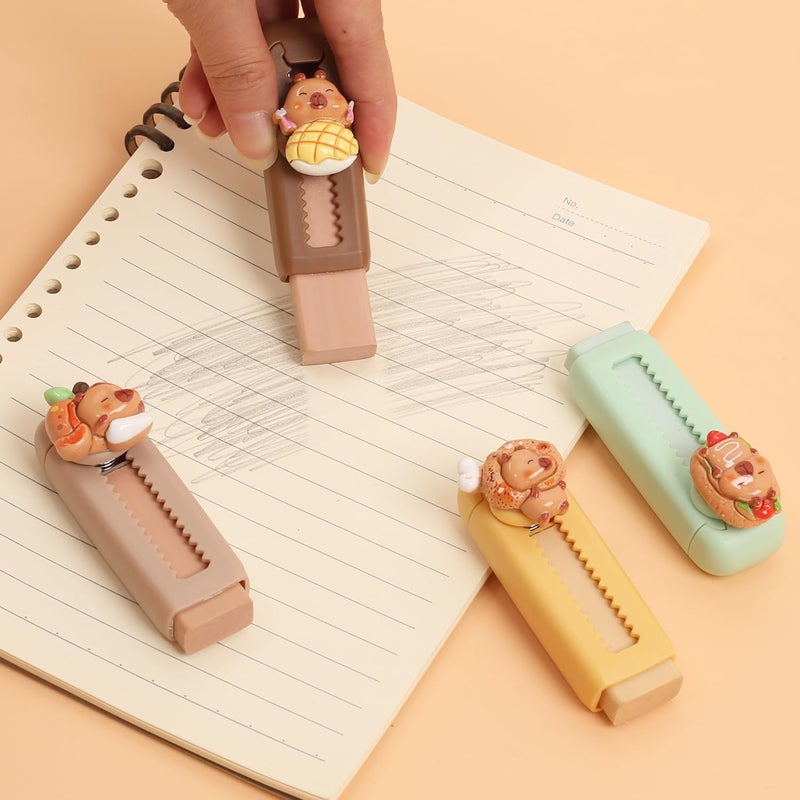 NEPOG Capybara Retractable Erasers, 4 Pcs Cute Capy Rubber, Push-Pull Rubber Eraser, Food Capybara Design Erasers for Boys Girls Students Capybara School Office Supply Stationery - Image 2